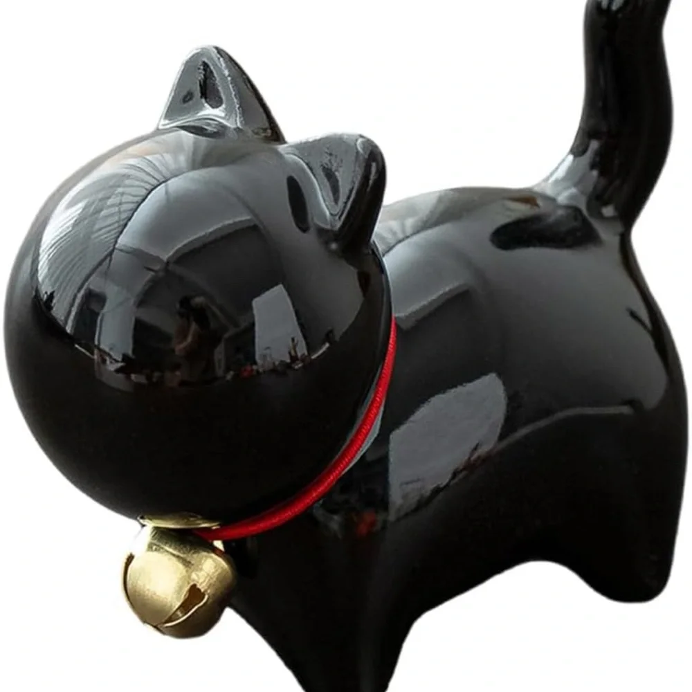 Black Ceramic Cat Figurine with Bell